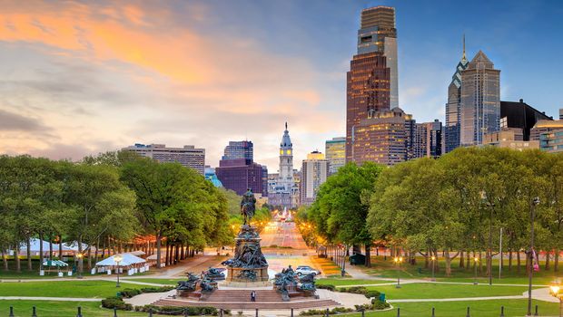 Downtown Philadelphia, Skyline bei Sonnenuntergang 