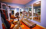 Kompakt ausgestatteter Fitnessraum mit Laufband, Ergometer, Kraftstation und großen Spiegeln – moderne Geräte auf glänzendem Holzfußboden in freundlicher Atmosphäre.